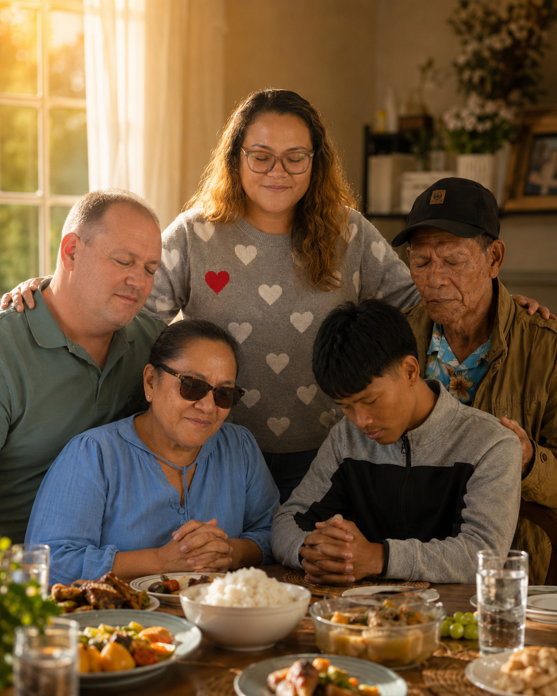 A mother standing at a dining table with her hands resting on her family's shoulders, eyes closed in prayer, warm golden light through the window.