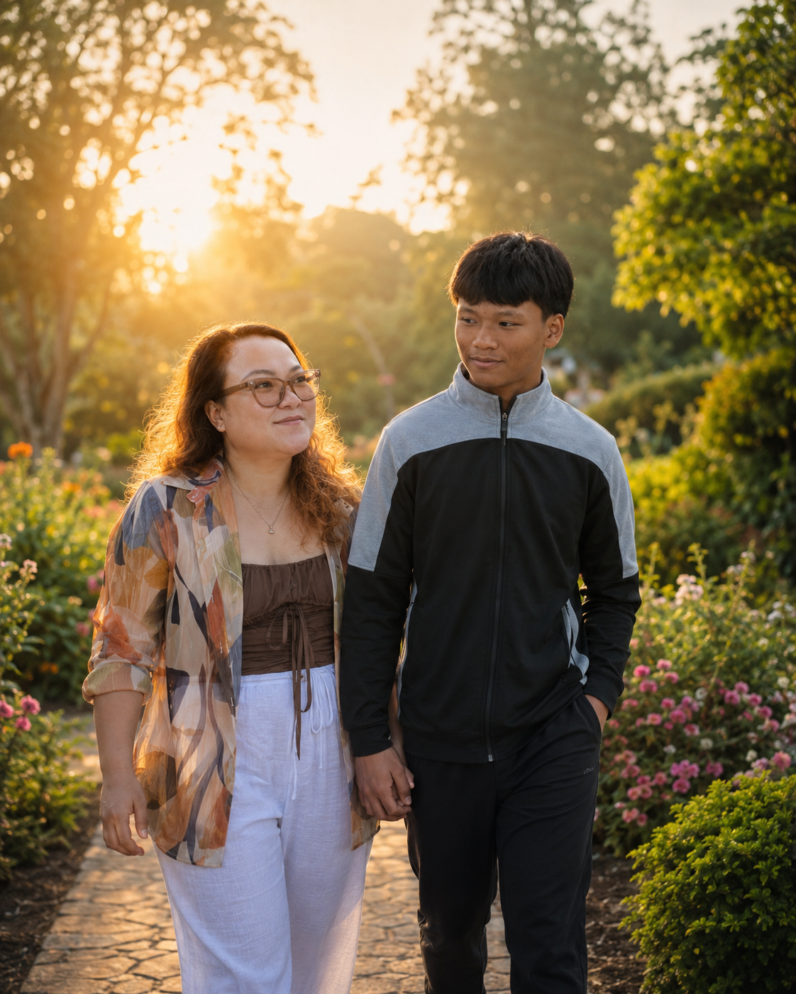 A mother holding her child's hand while walking through a quiet garden path at sunrise.