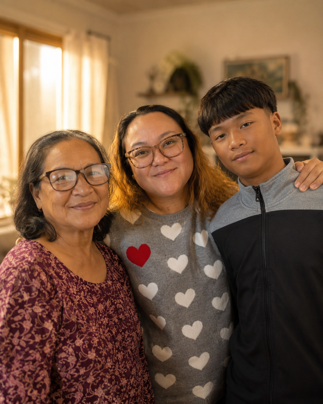 A grandmother, mother, and child standing together in a warm home setting.