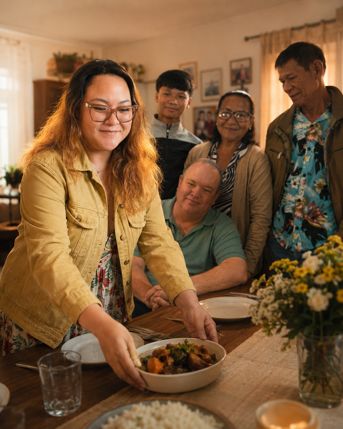 A mother preparing a family table while loved ones gather softly in the background, warm home lighting.