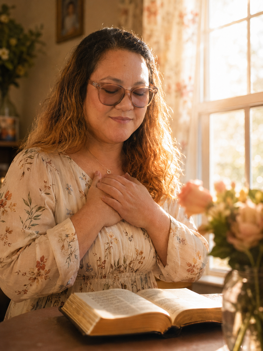 A mother near a window with her hands over her heart, a Bible on a nearby table, soft morning light.